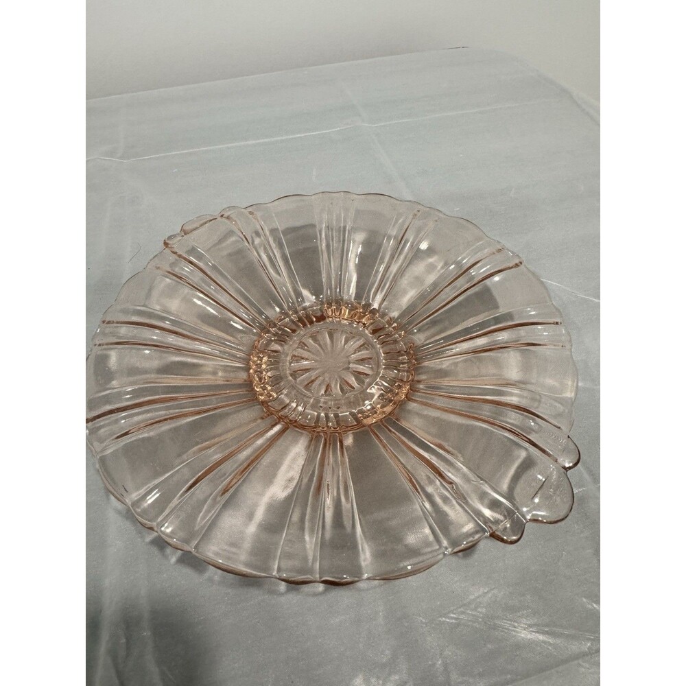 Vintage Pink Depression Glass Scalloped Bowl Starburst Center Art Deco Dish